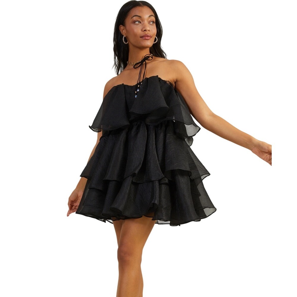 Altar'd State Ruffle Tiered Strapless Mini‎ Dress Party Cocktail Black S NEW